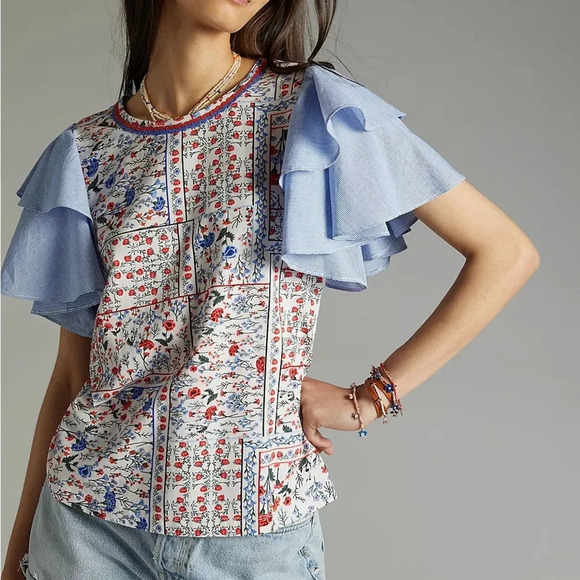LET ME BE by ANTHROPOLOGIE Flutter Sleeve Top in Blue - Picture 2 of 10